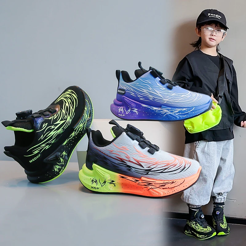 Kids Boys Rotating Button Running Shoes Breathable Shock‑Absorbing Non‑Slip Lightweight Athletic Sneakers For Sports Training