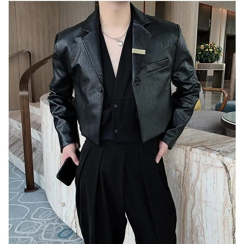 Men's Motorcycle Jacket Trendy Short Designer Spring Autumn Suit-collar Leather Mens Bomber Jackets Clothing Hiphop Black