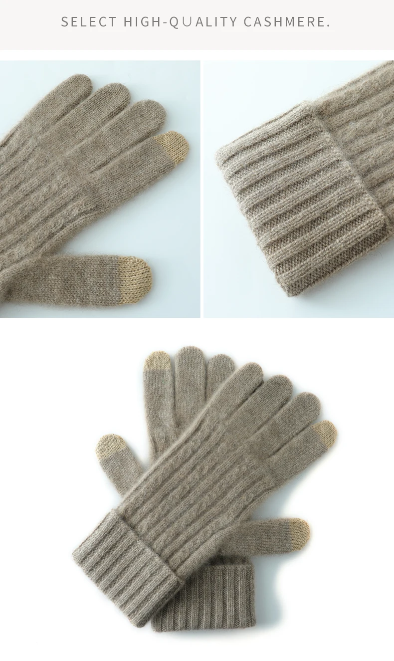 Winter High-Quality 100% Real Cashmere Touch Screen Gloves Women Soft Warm Stretch Knit Mittens Full Finger Guantes Female
