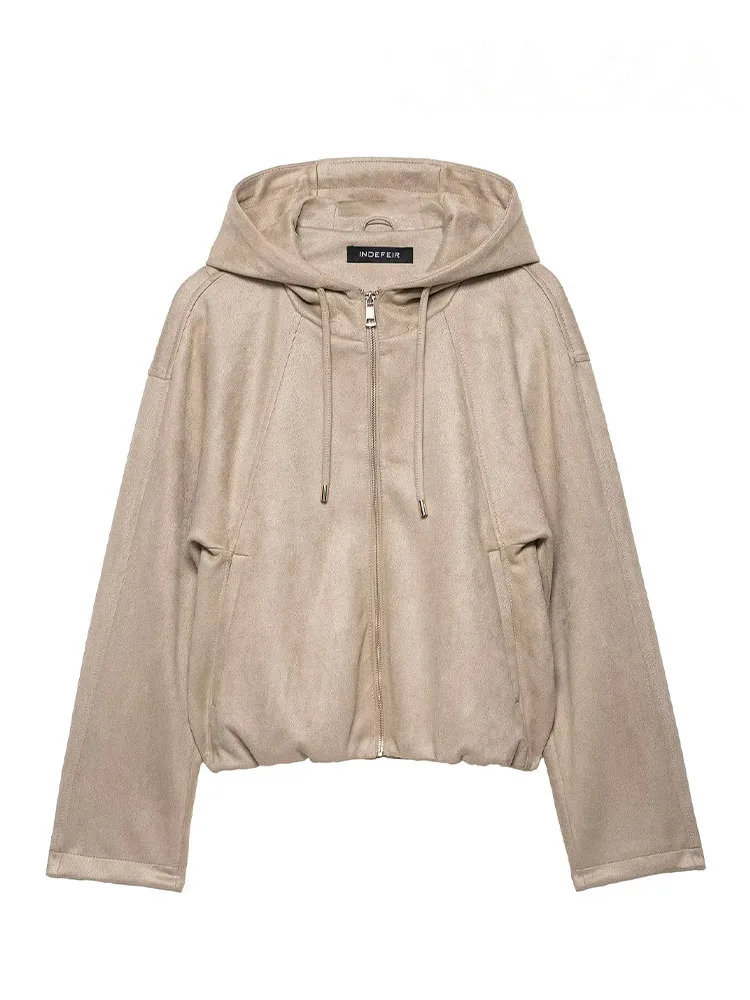 HH Woman Autumn Street Style Jacket Women Chic Hooded Zipper Jacket Solid Casual Loose Long Sleeves Pocket Design Short Coat