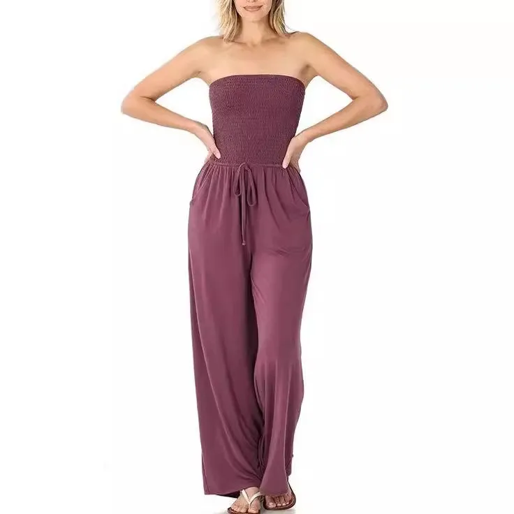 Mid Waist Romper Pockets Office Chic Long Dress Elegant Strapless Princess Cut Summer Jumpsuit with Pockets Women Jumpsuit