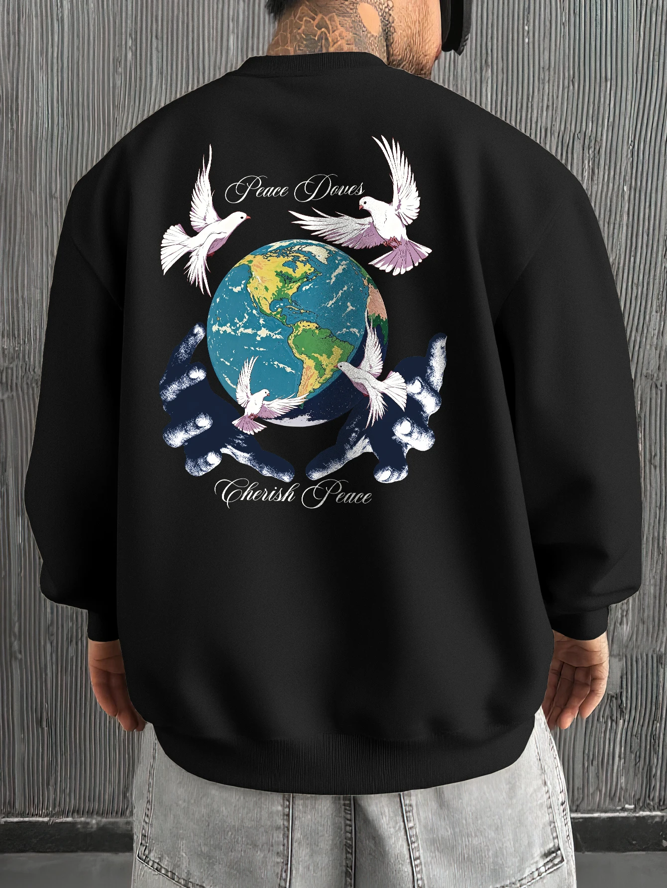 Sudadera Oversize de Cuello Redondo para Hombre, Estilo Urbano, con Estampado de Paloma de la Paz y Tierra, Vintage Gótico, 100% Poliéster, Manga Larga, Otoño Invierno, Tallas S-2XL