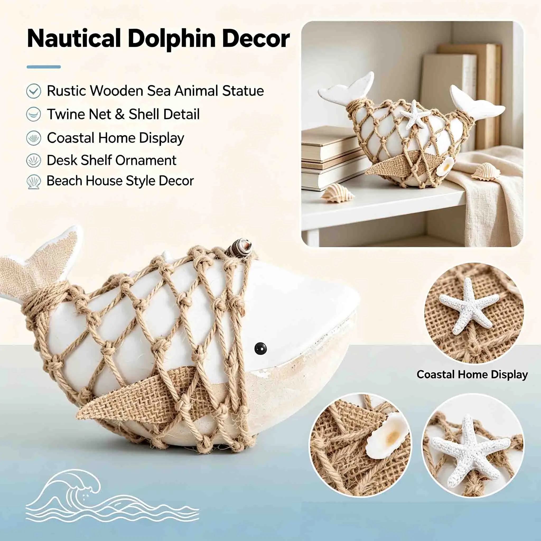 Wooden Chubby Whale Figurine with Jute Net Coastal Nautical Table Decor Mediterranean Beach Ocean Animal Desktop Home Ornament