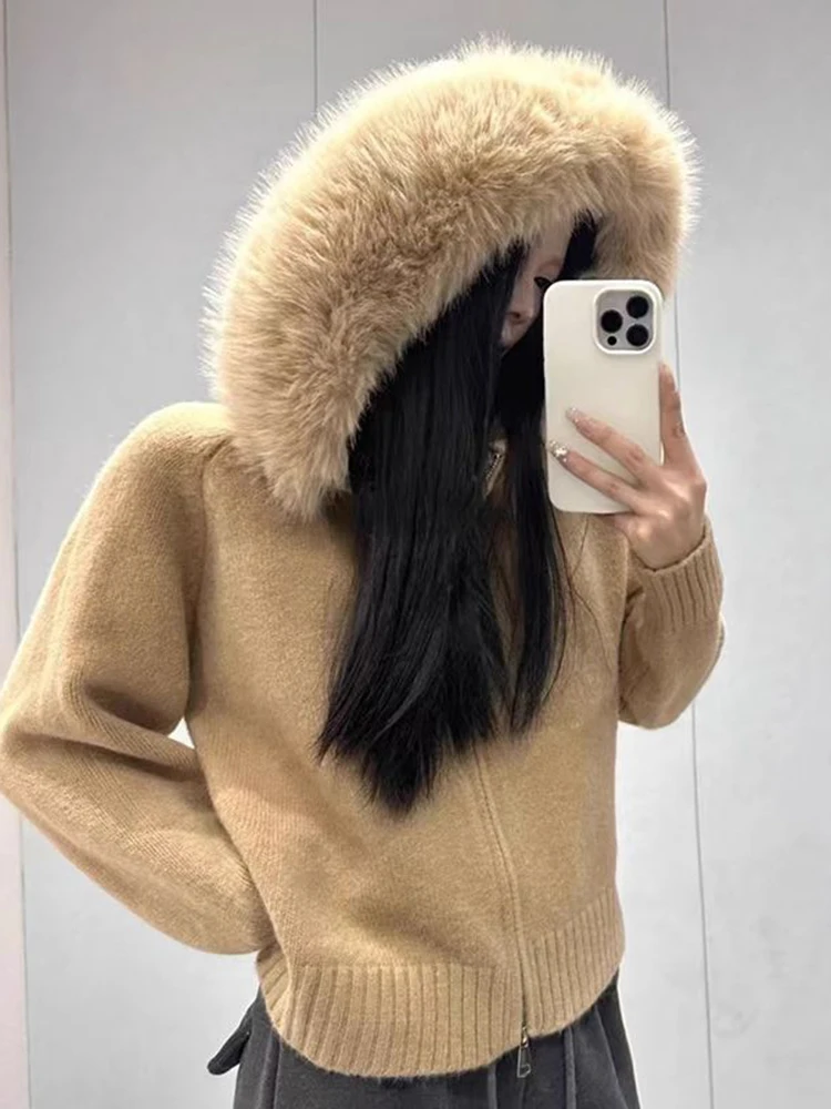 Vintage Hooded Knit Cardigan Women Casual Solid Simple Large Fur Collar Sweater Fall Winter Loose Long Sleeve All Match Tops New - Image 6