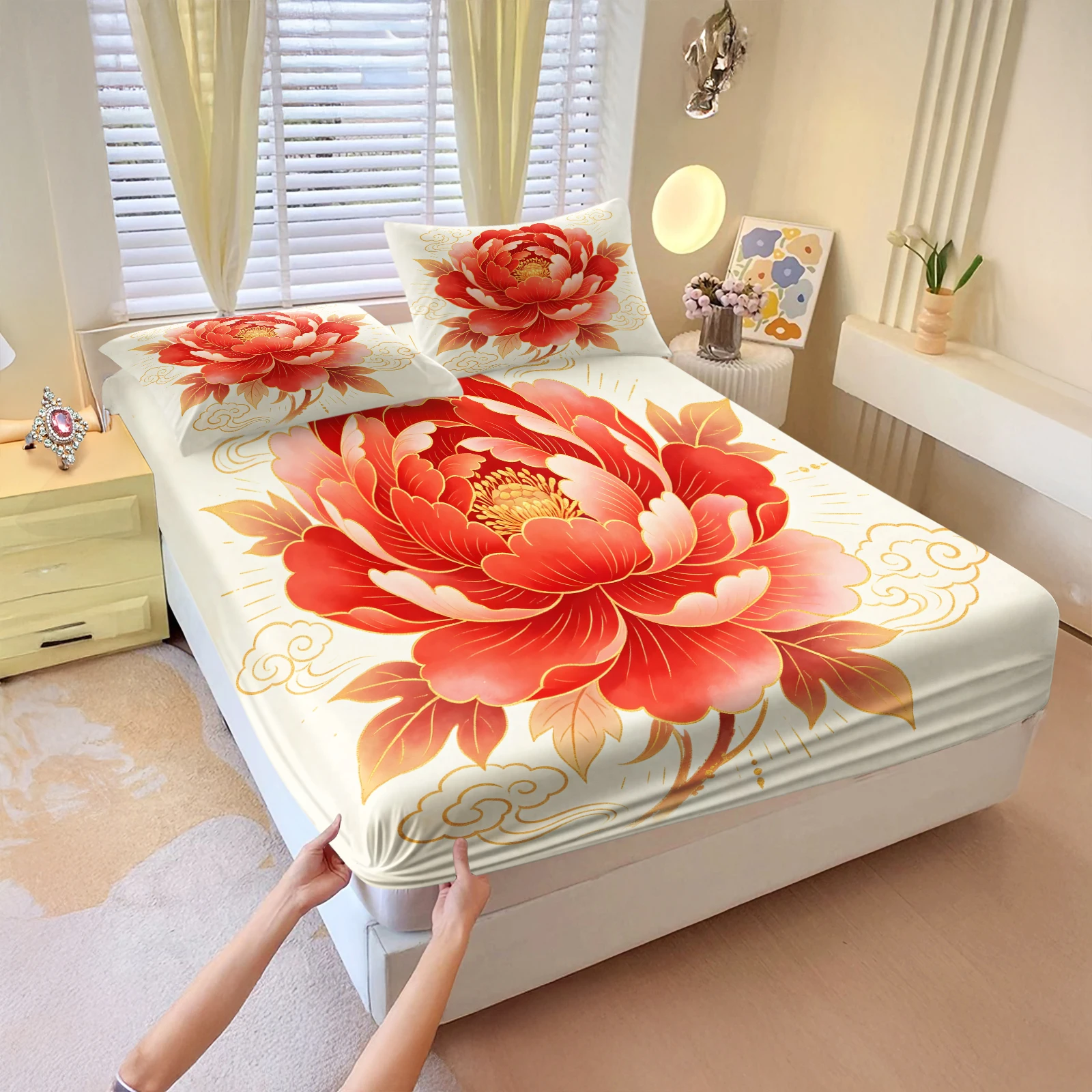 Chinese Style Red Peony Cloud Fitted Sheet Set Deep Pocket Elastic Fitted Sheet With Pillowcases Soft Breathable Bedding Set