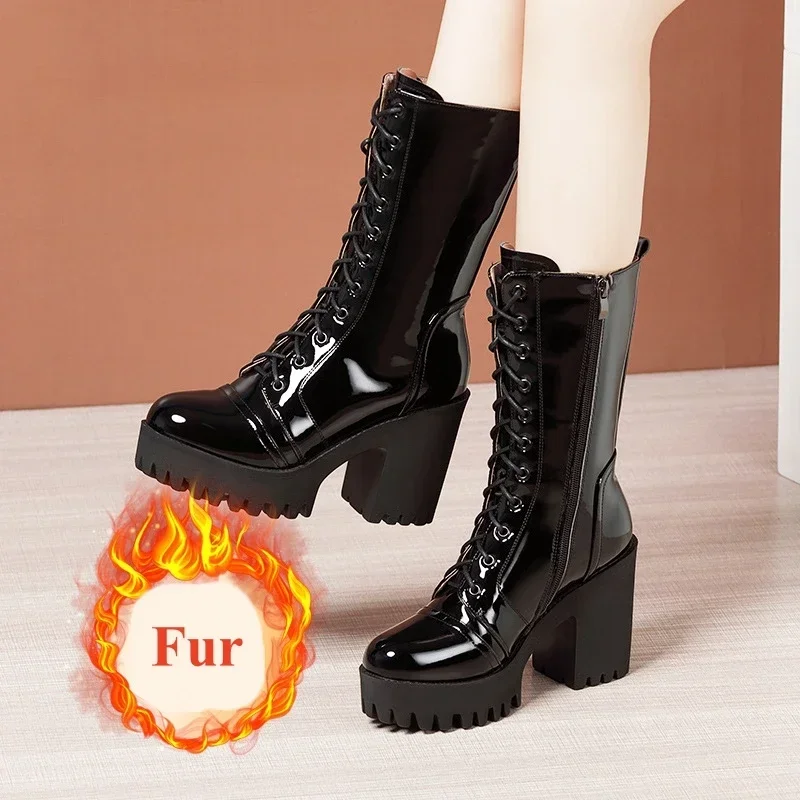 10cm Small Size 32-43 Fall Winter Genuine Leather Boots Platform Shoes 2024 Womens Block High Heels Mid Leg Boots Office Model