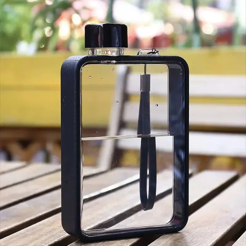 Taza de agua cuadrada y plana, botella de agua deportiva de 380ML, portátil, de viaje, tamaño A5, hervidor transparente para Fitness al aire libre para deportes