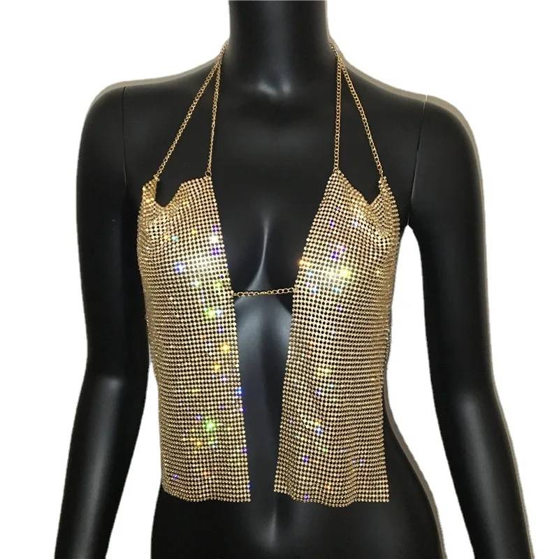 Front Cut Out Crystal Chainmail Beach Cover Up Sexy Deep V Neck Backless Diamante Top In Gold