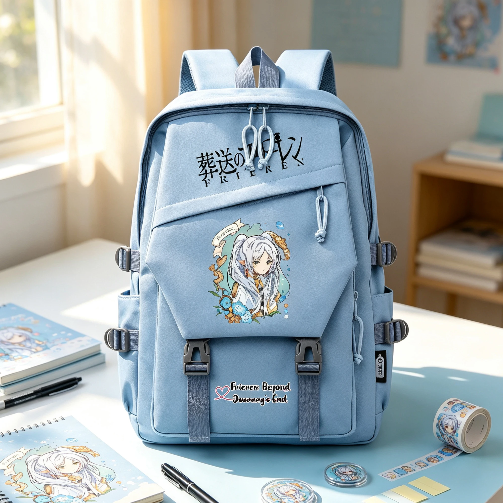 アニメ『フリーレン：ビヨンド・ジャーニーズ・エンド』学生向けカートゥーンデザインノートパソコンバックパック、カジュアルショルダーバッグ、学校旅行用ブックバッグ