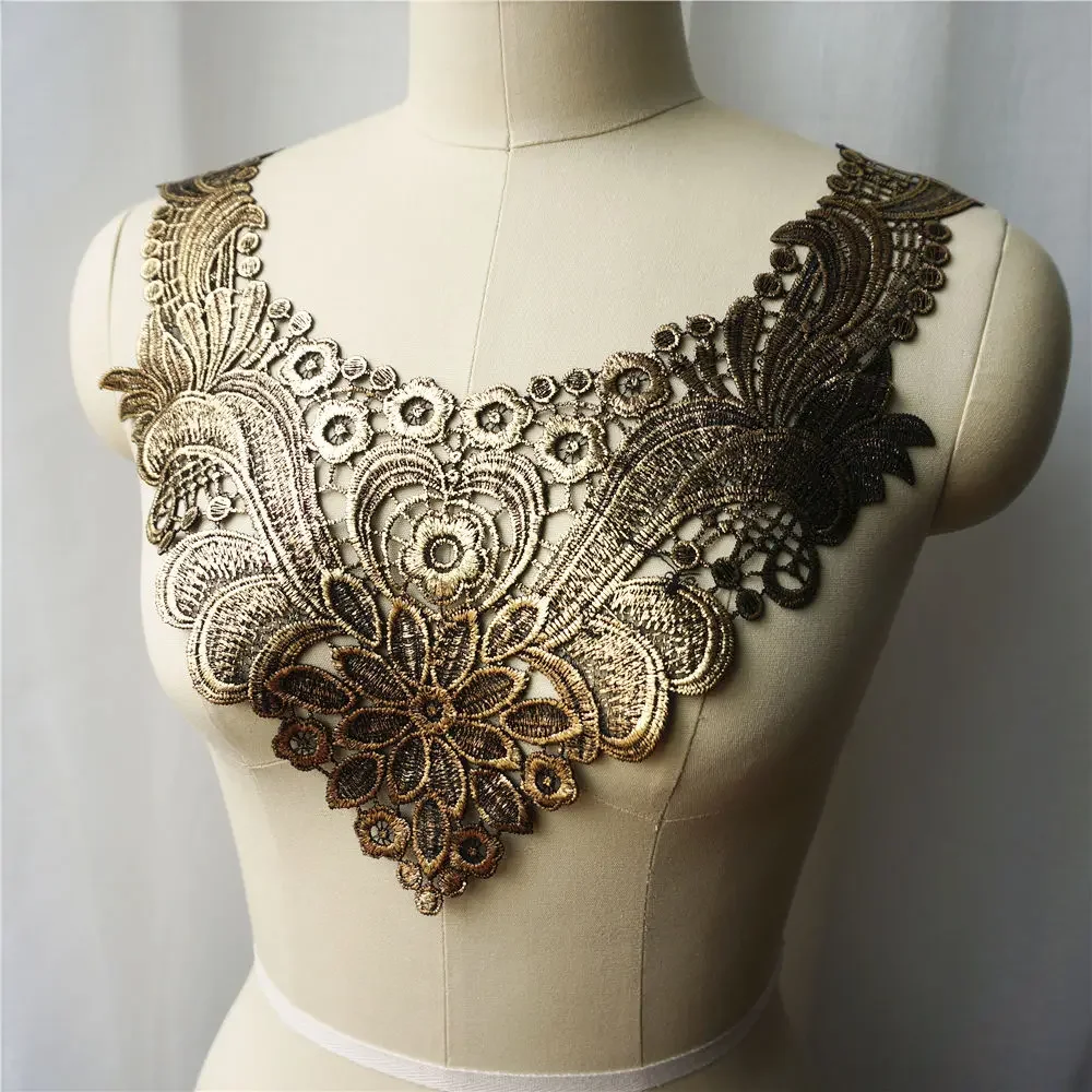 Bronze Flower Collar Embroidered Wedding Gown Appliques Lace Fabric Trims Sew On Patches For Dress DIY Decoration