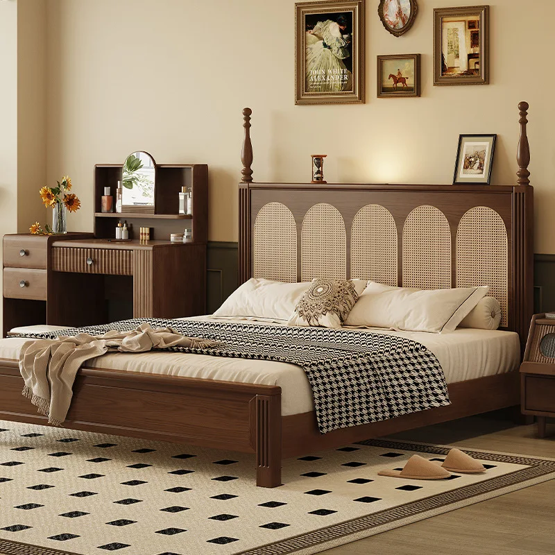 Cama de madeira maciça de nogueira, cama moderna e simples de madeira maciça