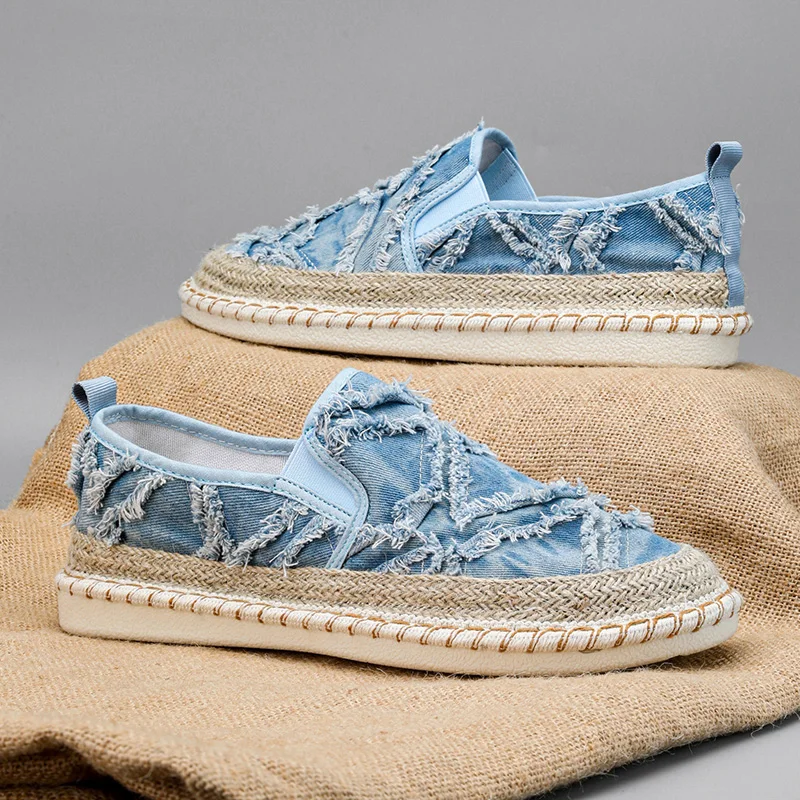 

Summer Blue Denim Cloth Shoes Man Loafers Low Cut Platform Men's Fisherman Shoes Comfort Breathable Casual Lazy Shoes For Men