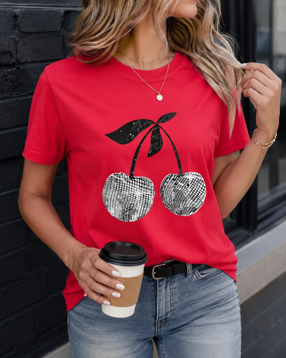 Silver Cherry Graphic Print T-Shirt Short Sleeve Crew Neck Casual Top Fashion Harajuku Kawaii T-shirt Women's Y2K Clothing