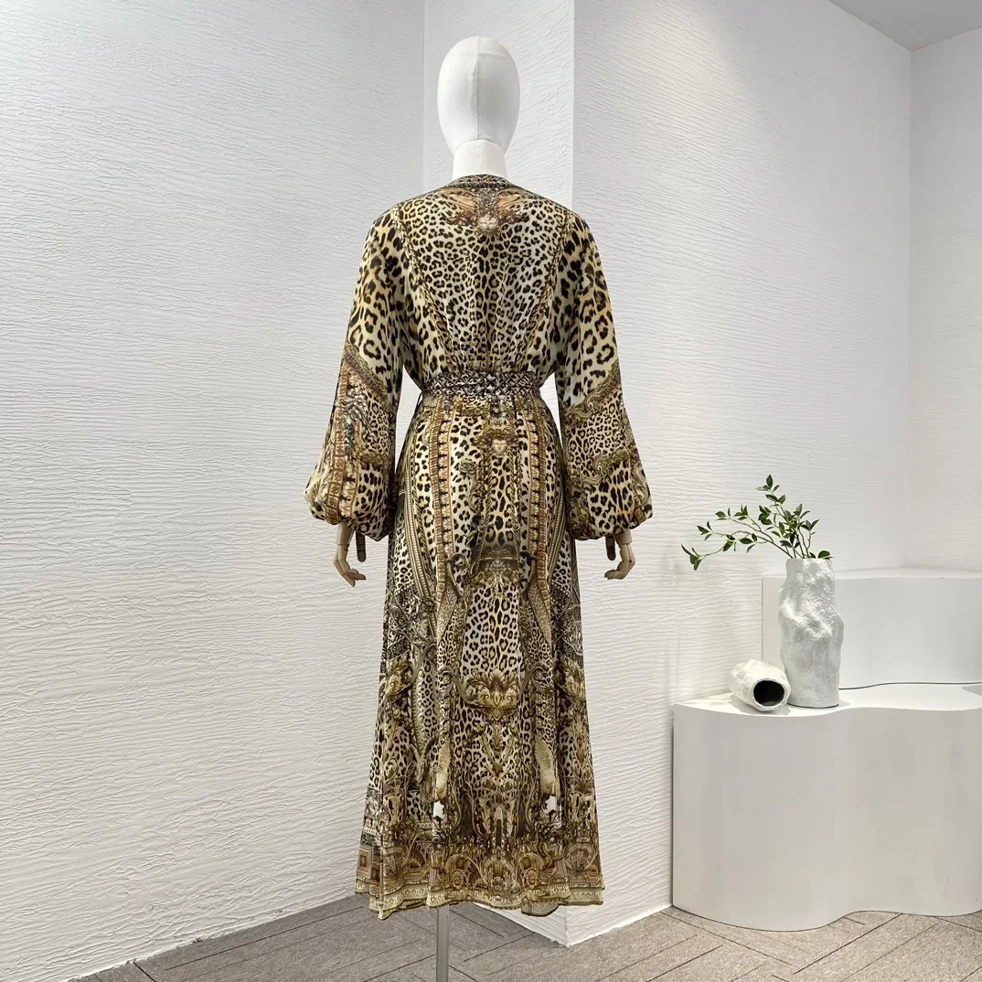 2024 Vintage Midi Dress for Women Yellow Leopard Print Long Sleeve Diamonds Pressed V Neck  High Quality