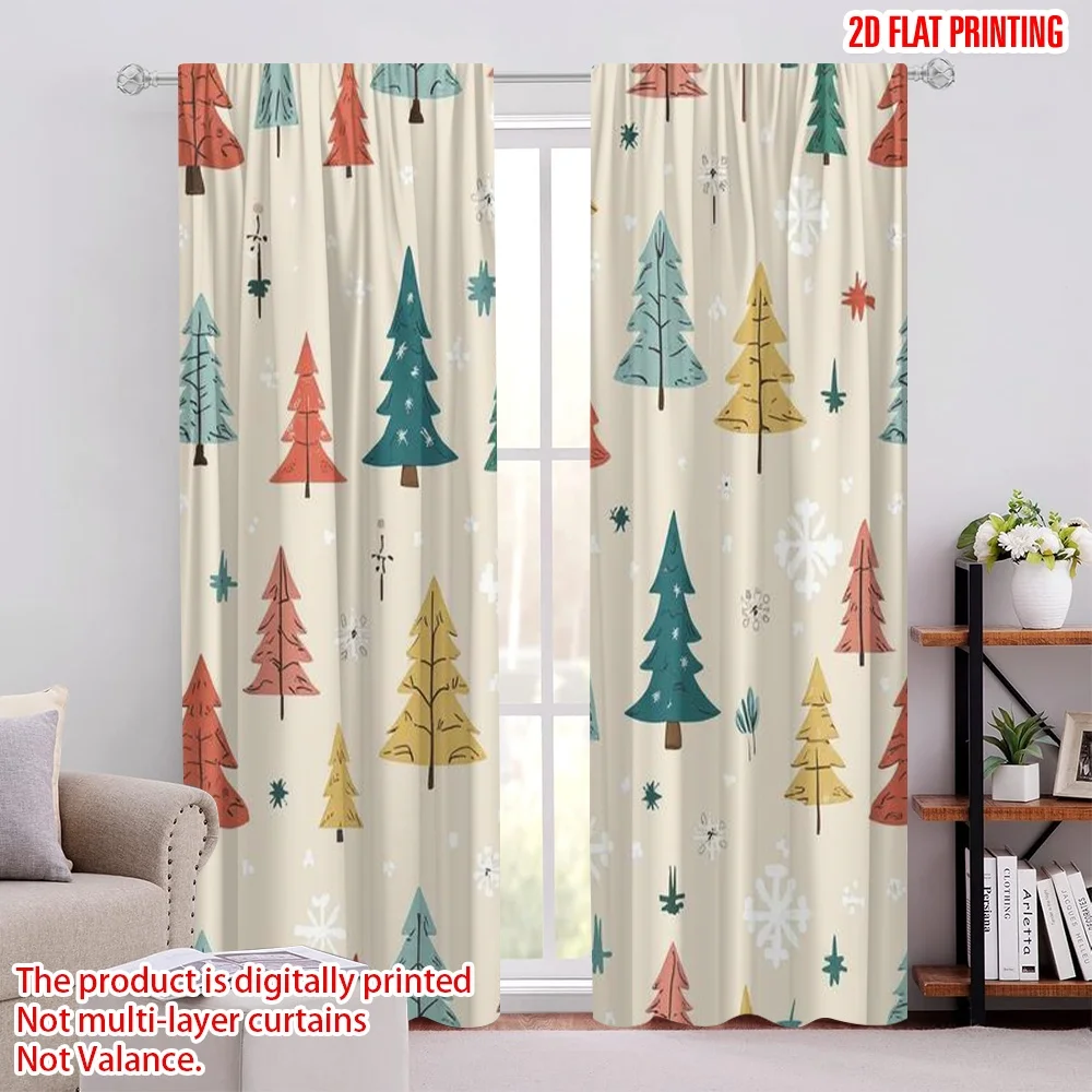 

2pcs 2D flat printing Christmas Curtain Forest and Snow Polyester Without Electricity Festive Wall Decor Perfect for Home &