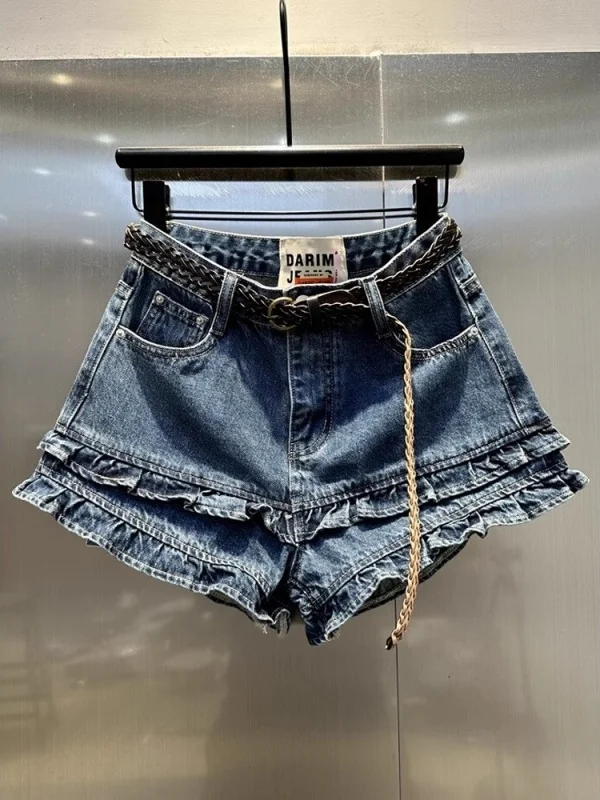 

Новые летние шорты в корейском стиле, темно-синие, двухслойные, А-силуэт, с широкими штанинами, утягивающие, для модных женщин, повседневные, с высокой талией