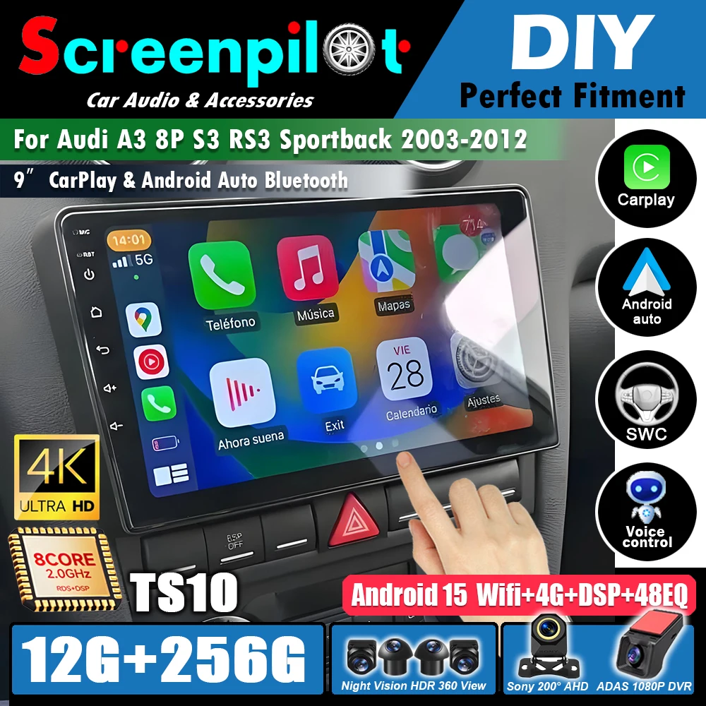 Android 16 For Audi A3 8P S3 RS3 Sportback 2003 - 2012 Carplay Auto Multimedia Video 2K Screen Player Car Radio Autoradio Stereo