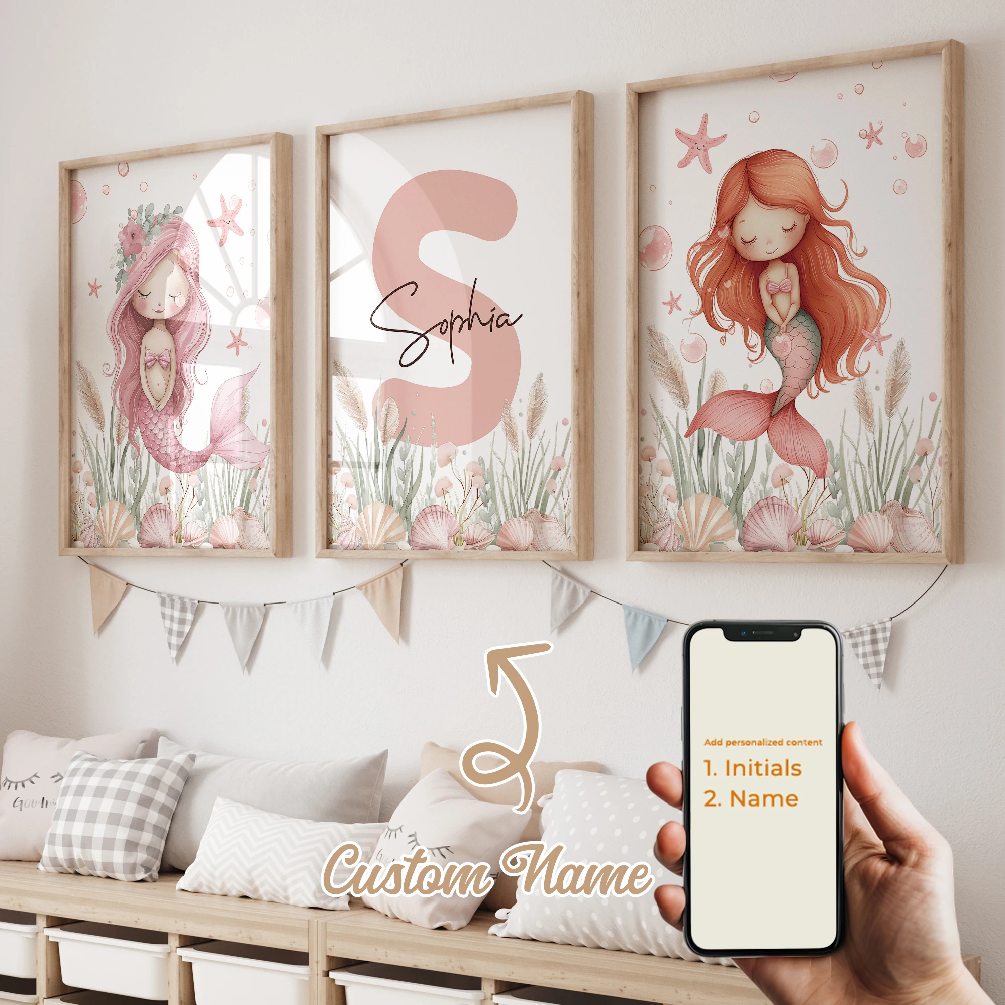 3pcs Personalized Custom Name Toon Mermaid Wall Art Print Picture Canvas Poster Painting For Living Room Home Decor image 2