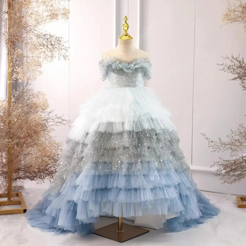 

New Flower Girl Dresses Court Style Sequins Trailing Children Wedding Birthday Party Prom Evening Dress A3760