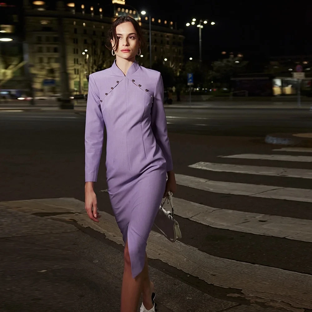 

Customized Light Purple Prom Dresses Long Sleeves High Collar Buttons Elegant Formal Ocassion Gown Front Slit Evening Dress 2026