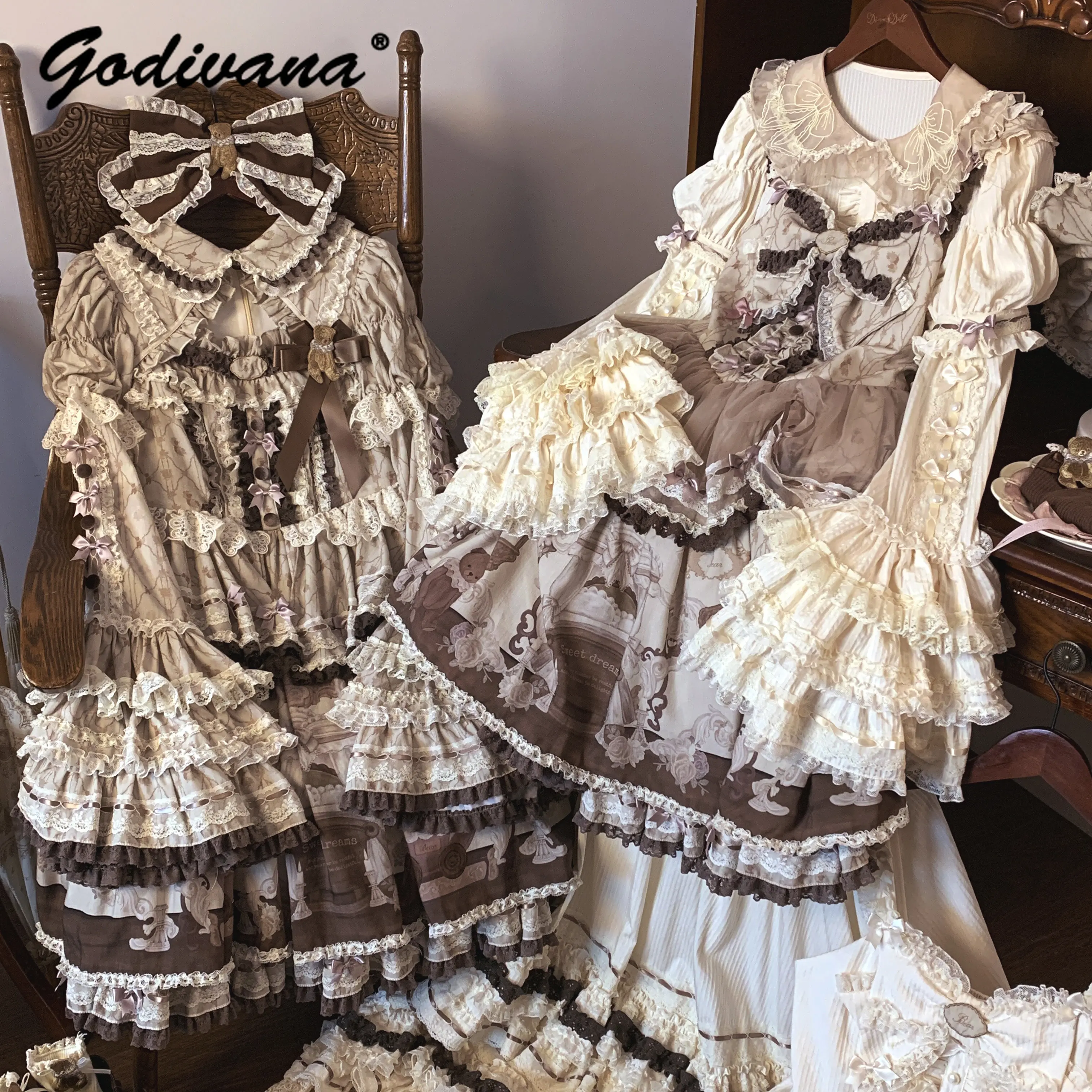 

Original New Spring and Summer Cute Cartoon Bear Print Sleeve Lo Dress Girl Womens Lolita Long Sleeve Shirt Op Jsk Dress Outfits
