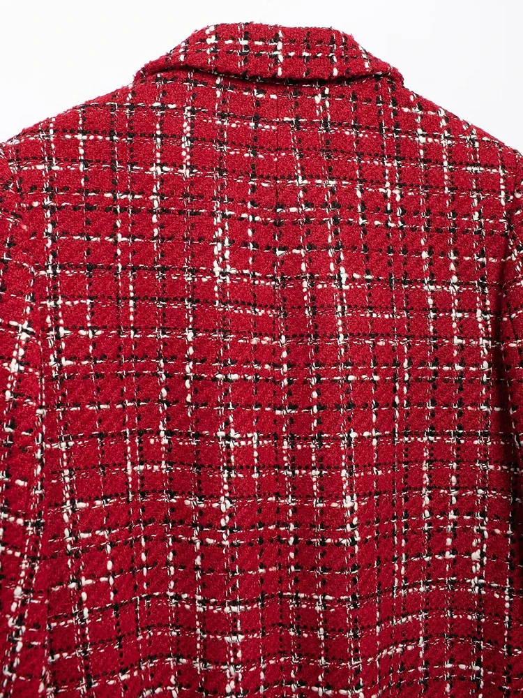 KUCLUT Women Fashion Chic Red Tweed Jacket With Should Pads Female Pockets Buttoned Short Coat Ladies Casual Streetwear