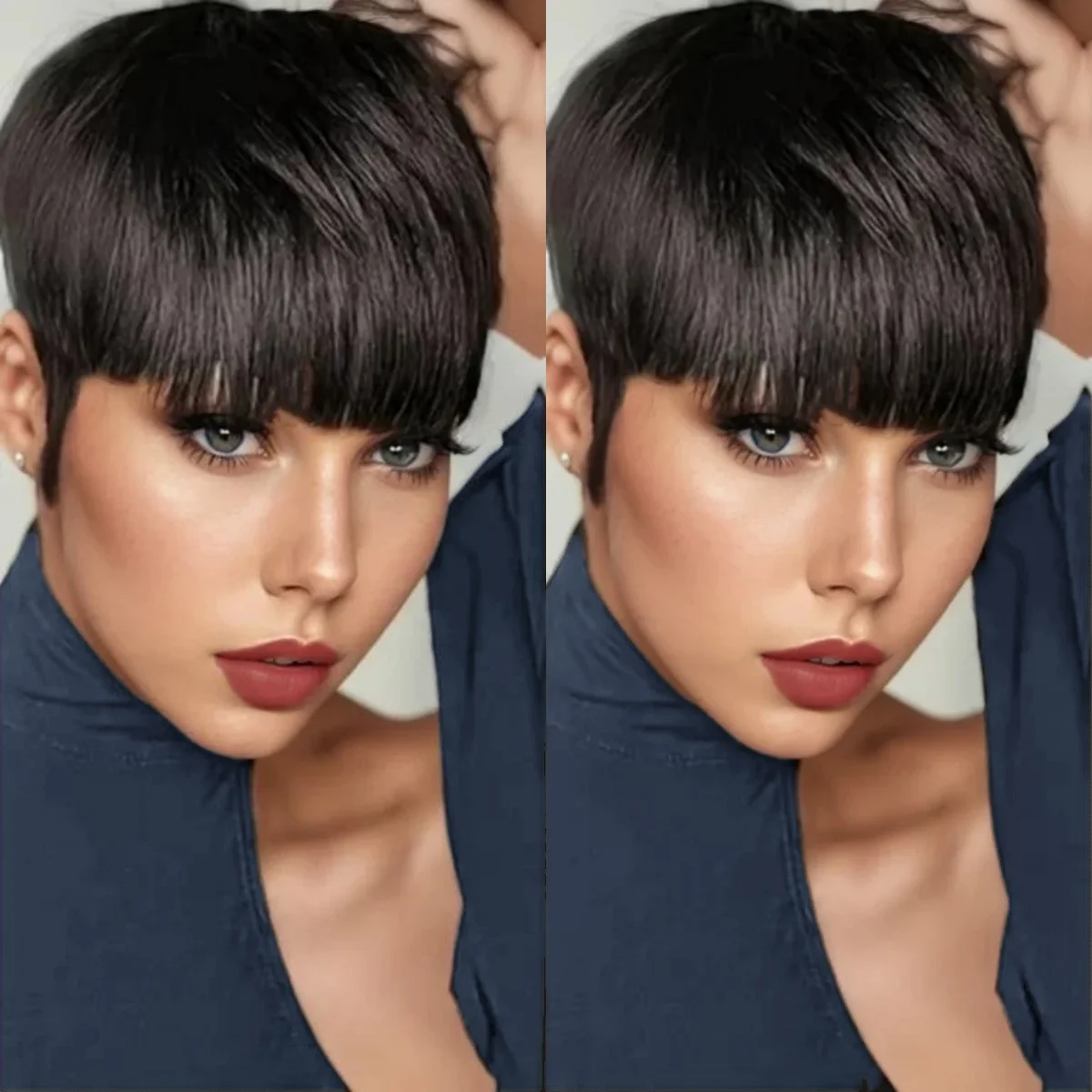 브라질 스트레이트 인모 숏 레이어드 픽시 가발 (앞머리 포함) 여성용 전체 머신메이드 가발