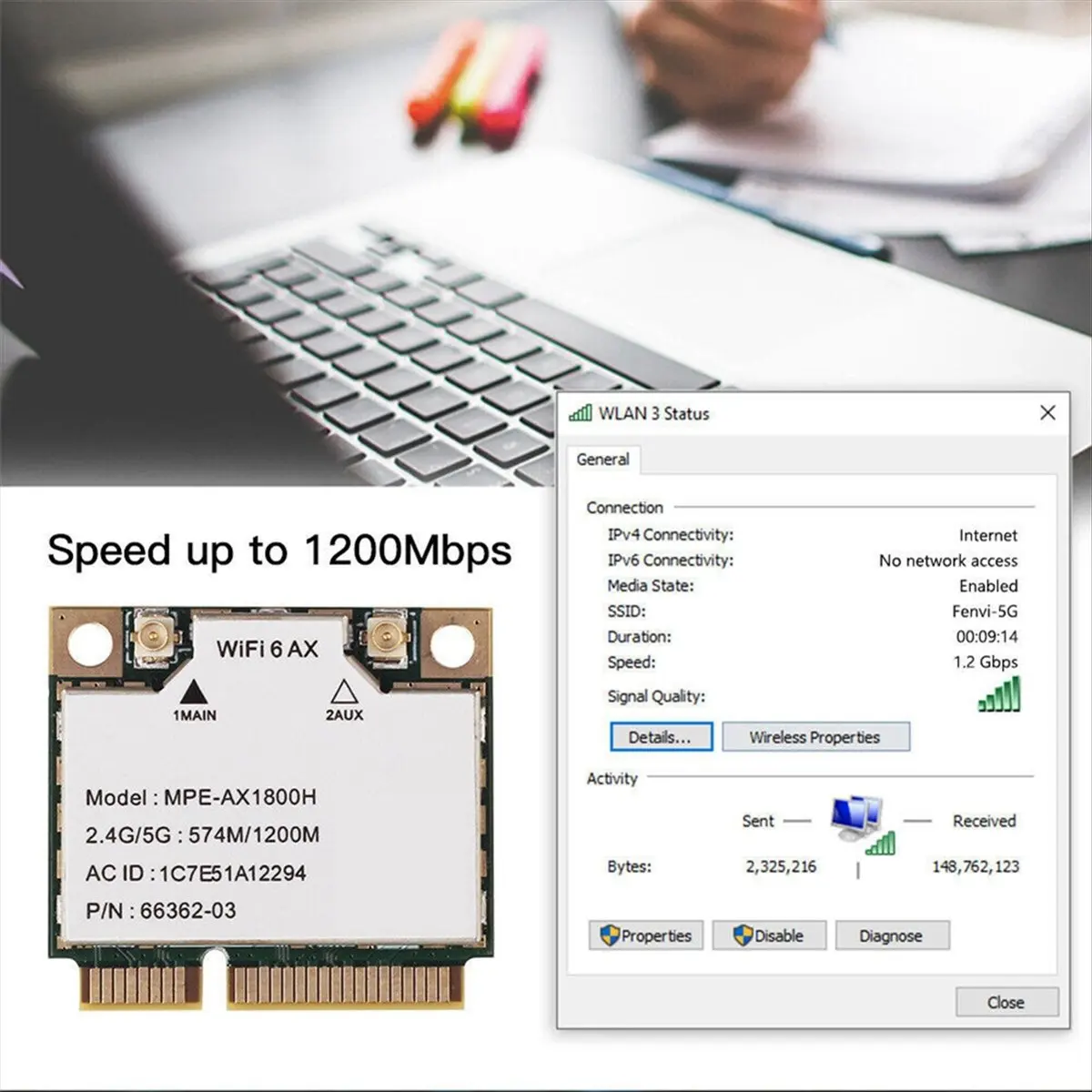 

(A26M) MPE-AX1800H WiFi6 MT7921 MINI PCI-E 2.4G/5G 574Mbps/1200Mbps Gigabit Dual Band Internal Wireless Network Card BT5.2