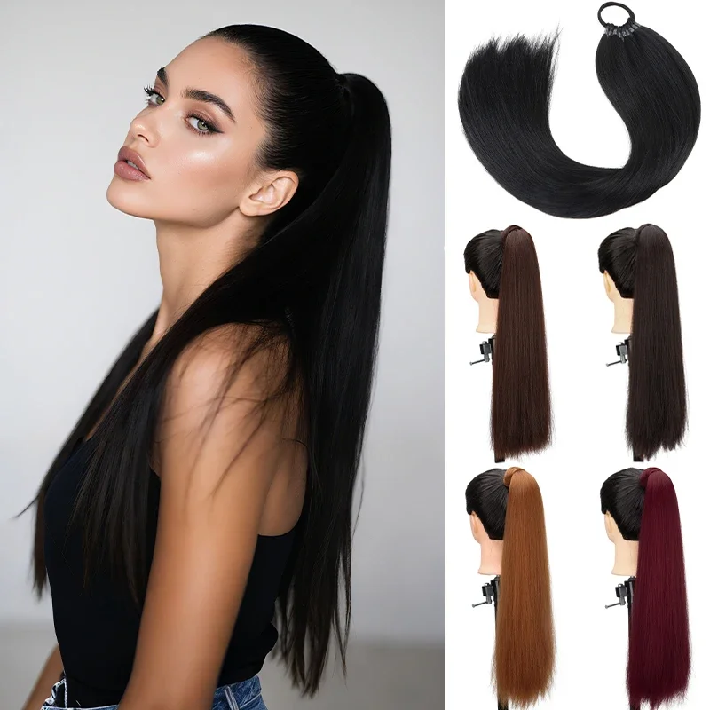 

Длинные прямые синтетические волосы для наращивания хвоста — термостойкое волокно, мягкая обертка, дизайн «сделай сам» с резинкой для женщин