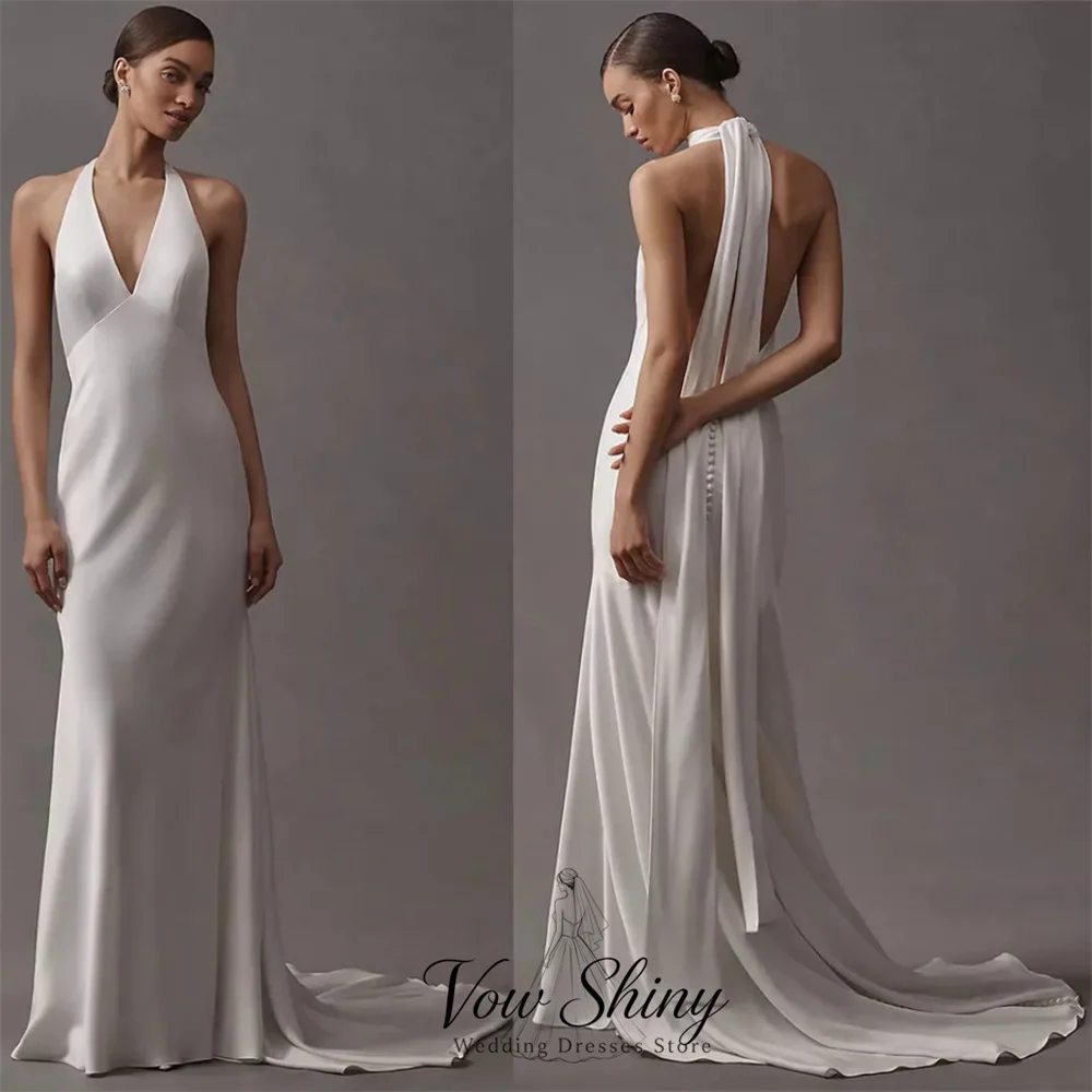 Vow Shiny Modern Satin Mermaid Backless Wedding Dresses For Woman Halter V Neck Back Buttons Outdoor Bridal Gown Customized
