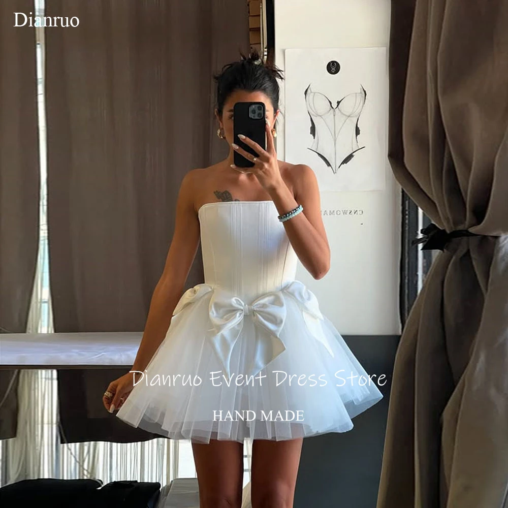 

Dianruo White Tulle Tiered Hem Prom Dresses Pleated Large Bow Homecoming Dress Mini A Line Puffy Brithday Party Dress Customized