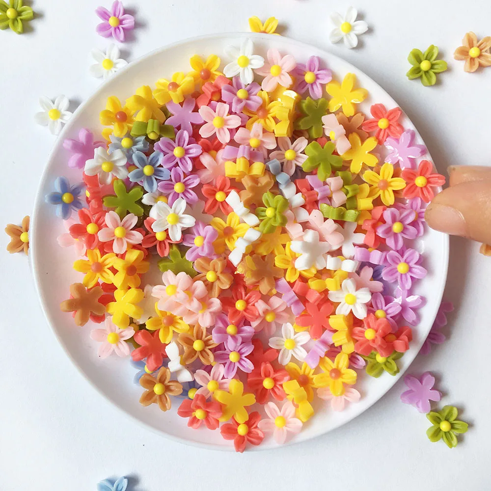 100Pcs 3D Colorful Resin Mini Flower Gems Flatback Figurines Scrapbook Pretty little flowers Applique Nail Art Decor Crafts