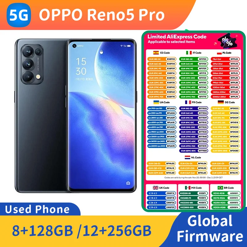 هاتف oppo Reno 5 pro 5G يعمل بنظام أندرويد بشاشة 6.55 بوصة ROM 128GB/256GB CPU MediaTek Dimensity 1000+ 64MP هاتف مستعمل
