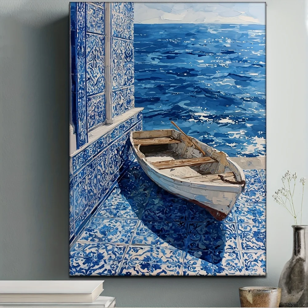 2D Flat, 2D Flat, 2D Flat 1pc, with Frame, 30.48X40.64cm [2D Flat] HD Oil Painting Portuguese Tile Pottery Painting, Blue Azu
