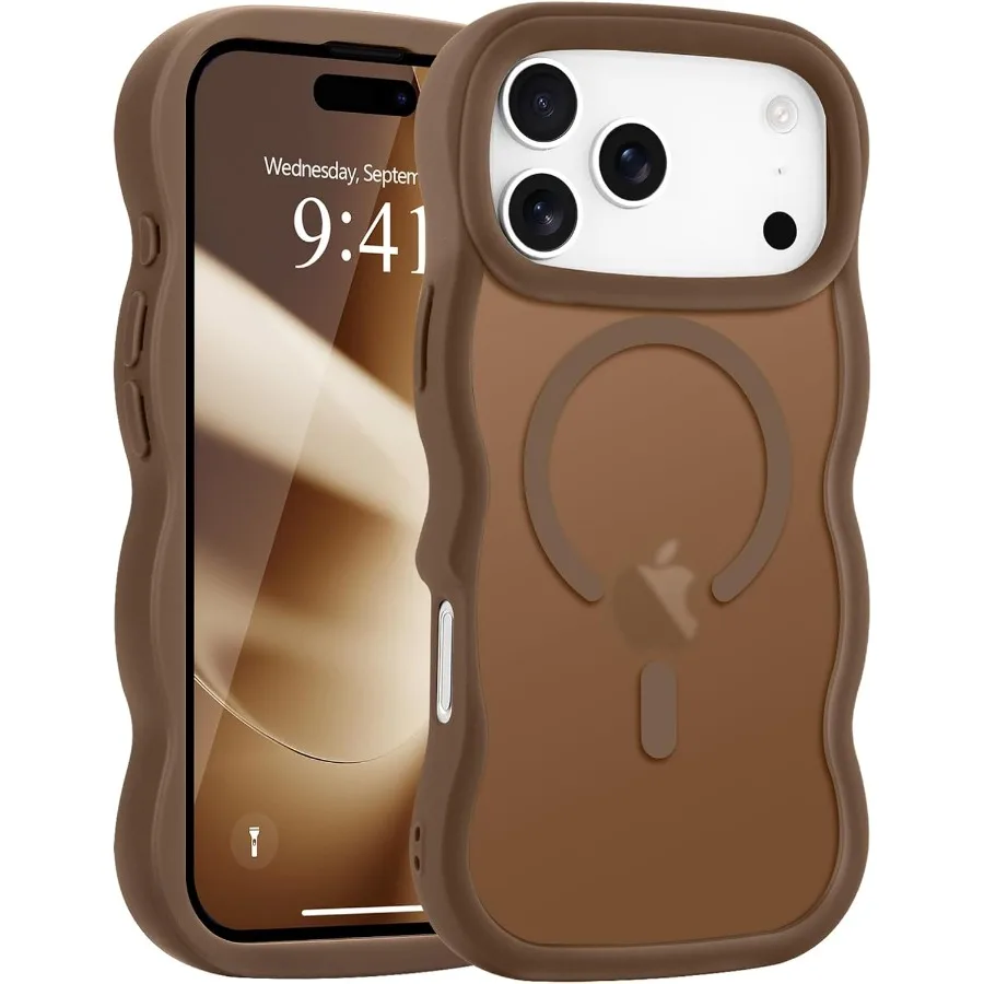 

Твердая полупрозрачная матовая прозрачная задняя крышка с вьющейся волнистой рамкой и противоударным бампером из ТПУ для iPhone 17 Pro Max Desert Gold Compatibl