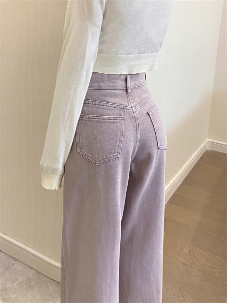 Light Purple Women Wide Leg Jeans Spring Autumn High Waist Loose Straight Denim Trousers Korean Style Chic Female Pants