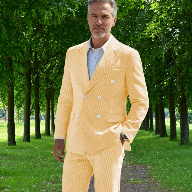 

Mens Seersucker Spring Summer Double-breasted Suits Peaked Lapel Grooms Suit Wedding Mens Formal Suits Slim Fit