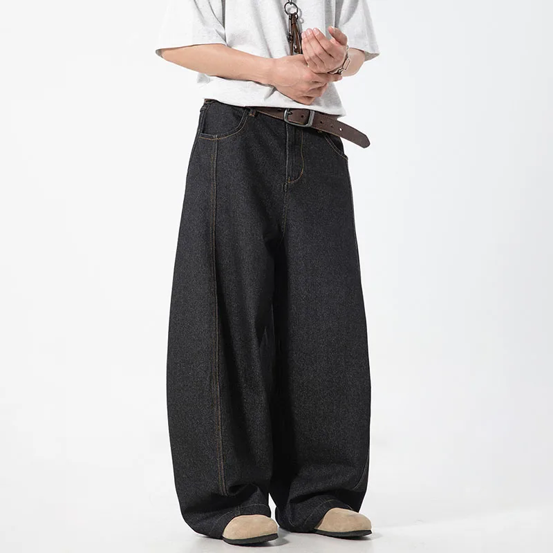 Men'S Denim Pants Vintage Washing Wide Leg Loose Elastic Jeans Casual Straight Trousers