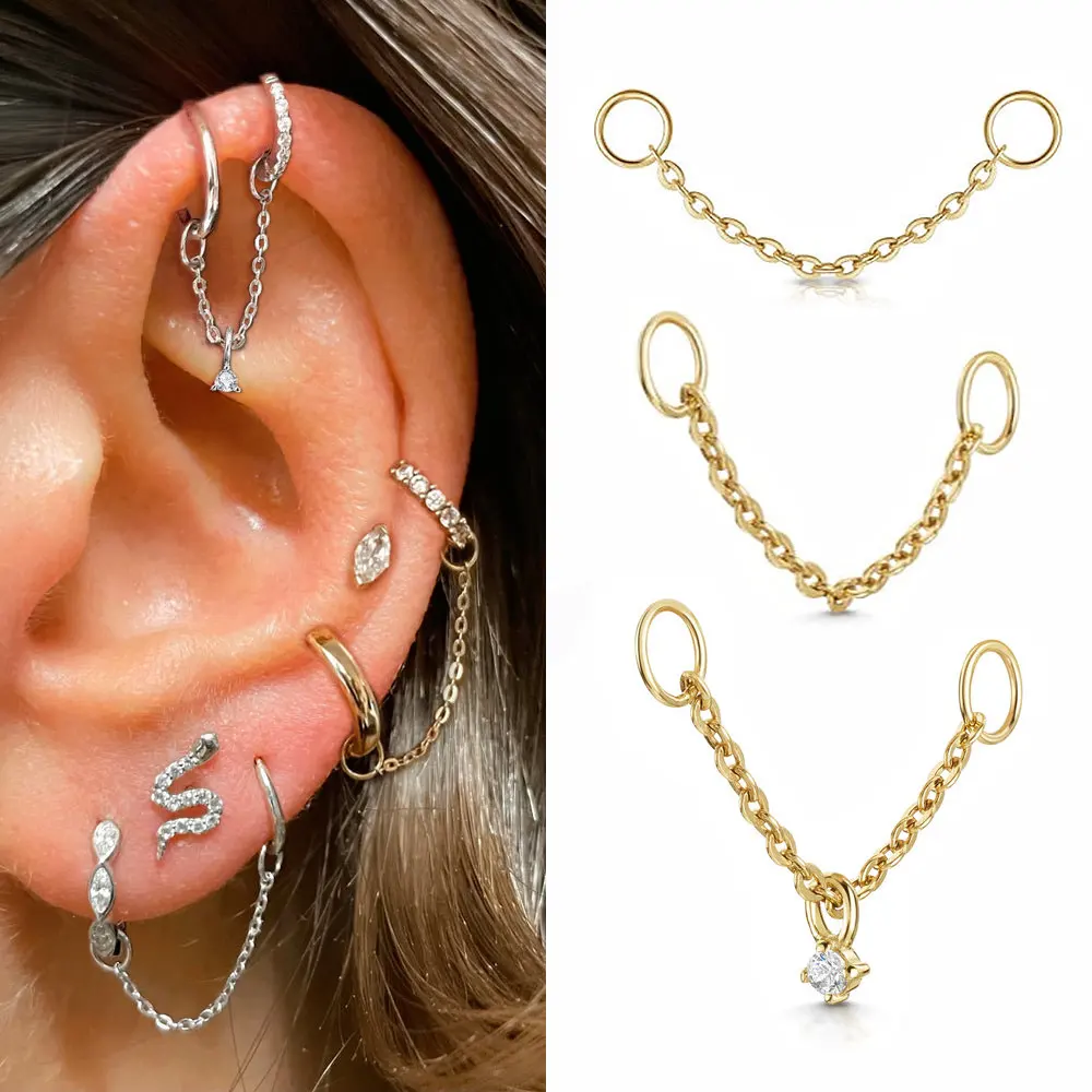 1PC Link Chain Ear Piercing Nose Hinged Earring with Round Zricon Pendant Ins Fashion Gold Color Piercing Chains Body Jewelry