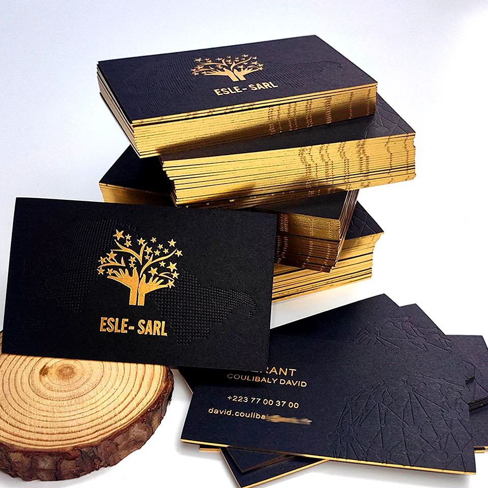 Custom Black Business Card Gold Edge Debossed LOGO Hot Stamping Art Paper Free Design Brand Name Card