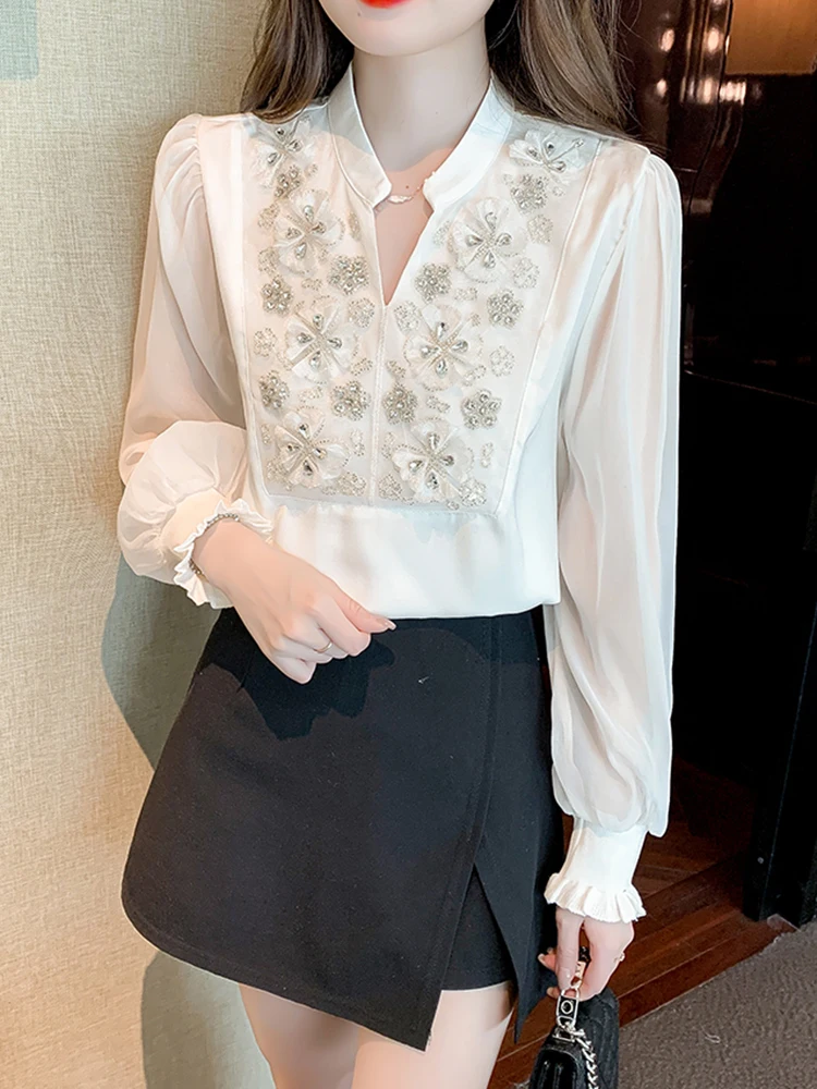 QOERLIN High Quality Beading White Shirts Elegant Women 2023 New Bubble Sleeve Tops Blouse Mesh Shirts Korean Fashion Outfits