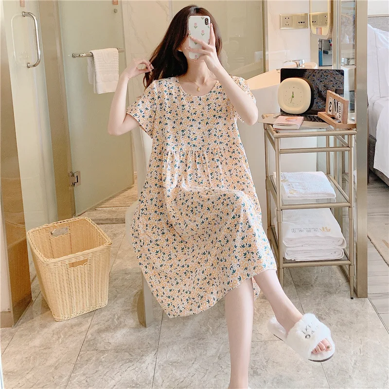 Summer Ladies Cotton Silk Nightgown Female Spring and Autumn Leisure Short-Sleeved Large Size Pajamas Thin Section Homewear