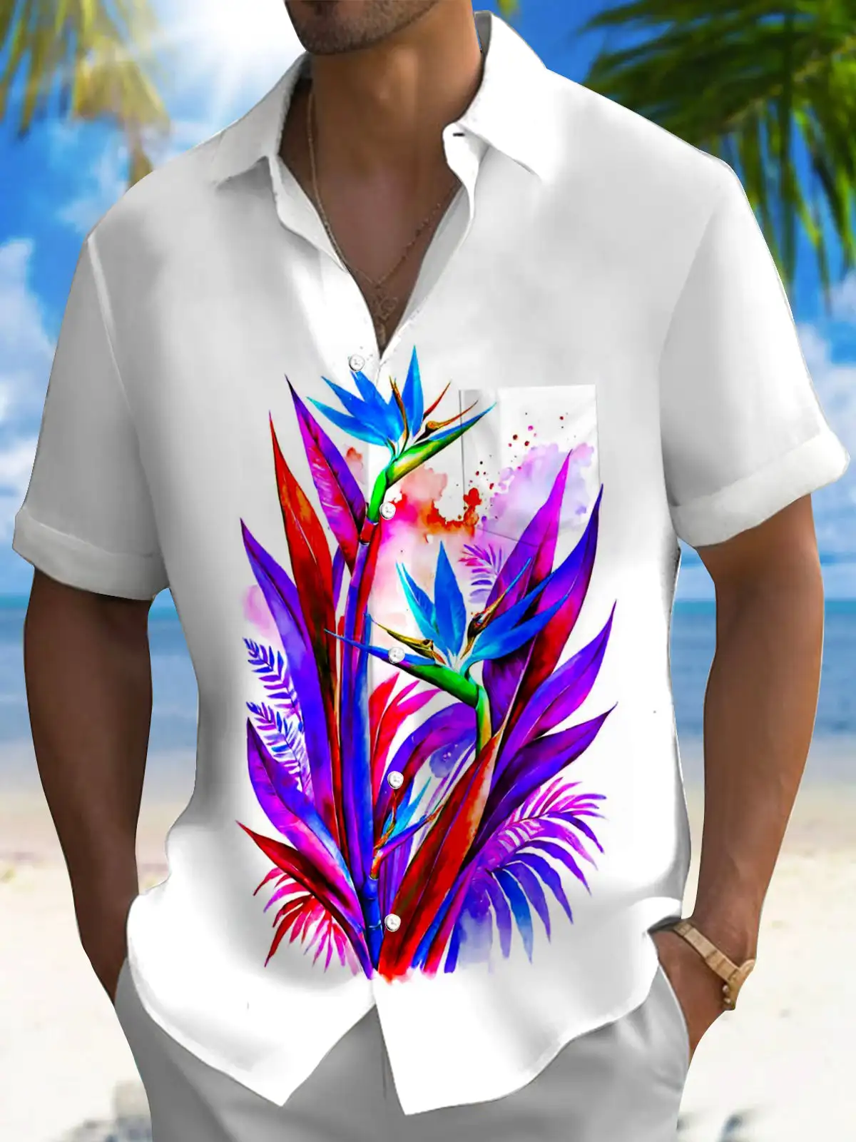 New Hawaii Spring/Summer Fashion Leisure Street Walk Tourist Beach Printed Full Open Short Sleeve Button Shirt, XS-5XL