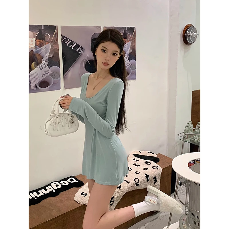 

Elegant And Pretty Women Dresses 2024 Spring Summer New Sexy Short Dress Female V Neck Long Sleeve Slim Solid Color Mini Dress