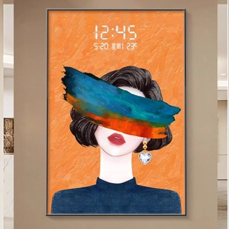 

Character Portrait Entrance Hall Decoration Wall Clock Aisle Electronic Screen Clock Mural Corridor Hanging Painting Wall Watch