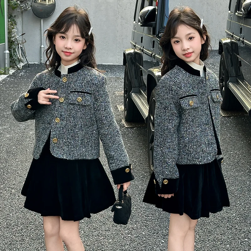 chic teen girls skirts set Thick cotton jacket+velvet pleated skirt 2pcs French Design junior kids clothes suit child outfits 14