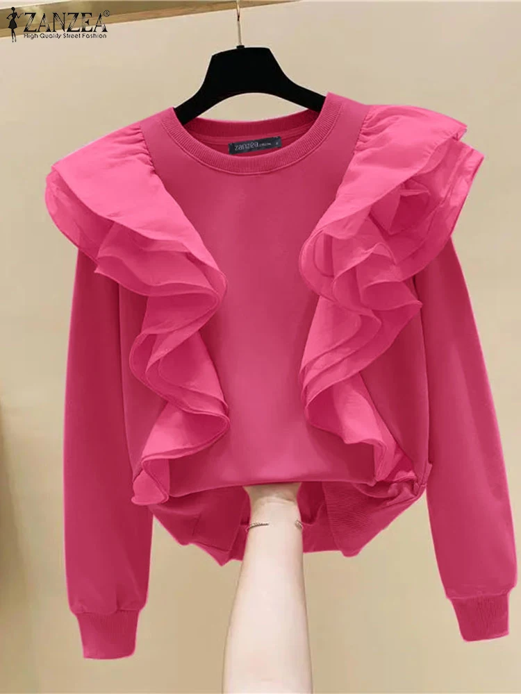 ZANZEA Long Sleeve 2024 Fashion Pullovers Elegant O-Neck Women Layered Ruffles T-shirts Solid Autumn Casual Loose Sweatshirts