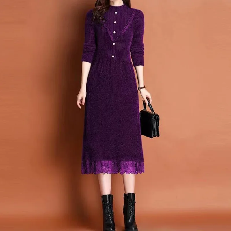 Women Autumn and Winter Korean New Fashion Elegant Half High Collar Sweater A-line Skirt Lace Button Spliced Long Sleeves Dress