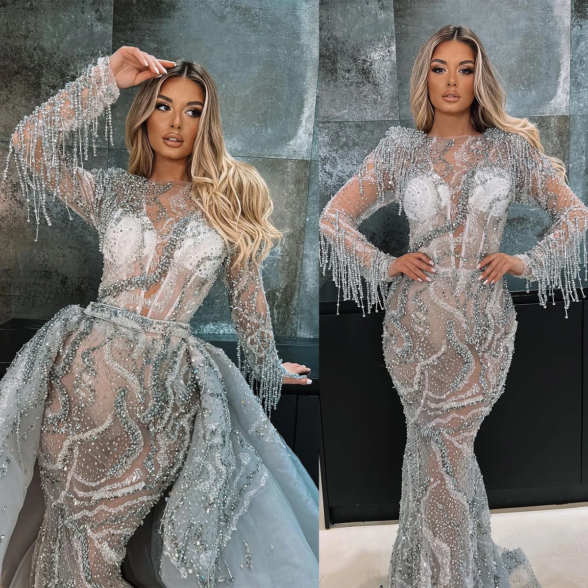 Sexy Mermaid Wedding Dresses For Women O-Neck Long Sleeves Bridal Gown Sequins Beading Detachable Train Skirt vestidos de novia