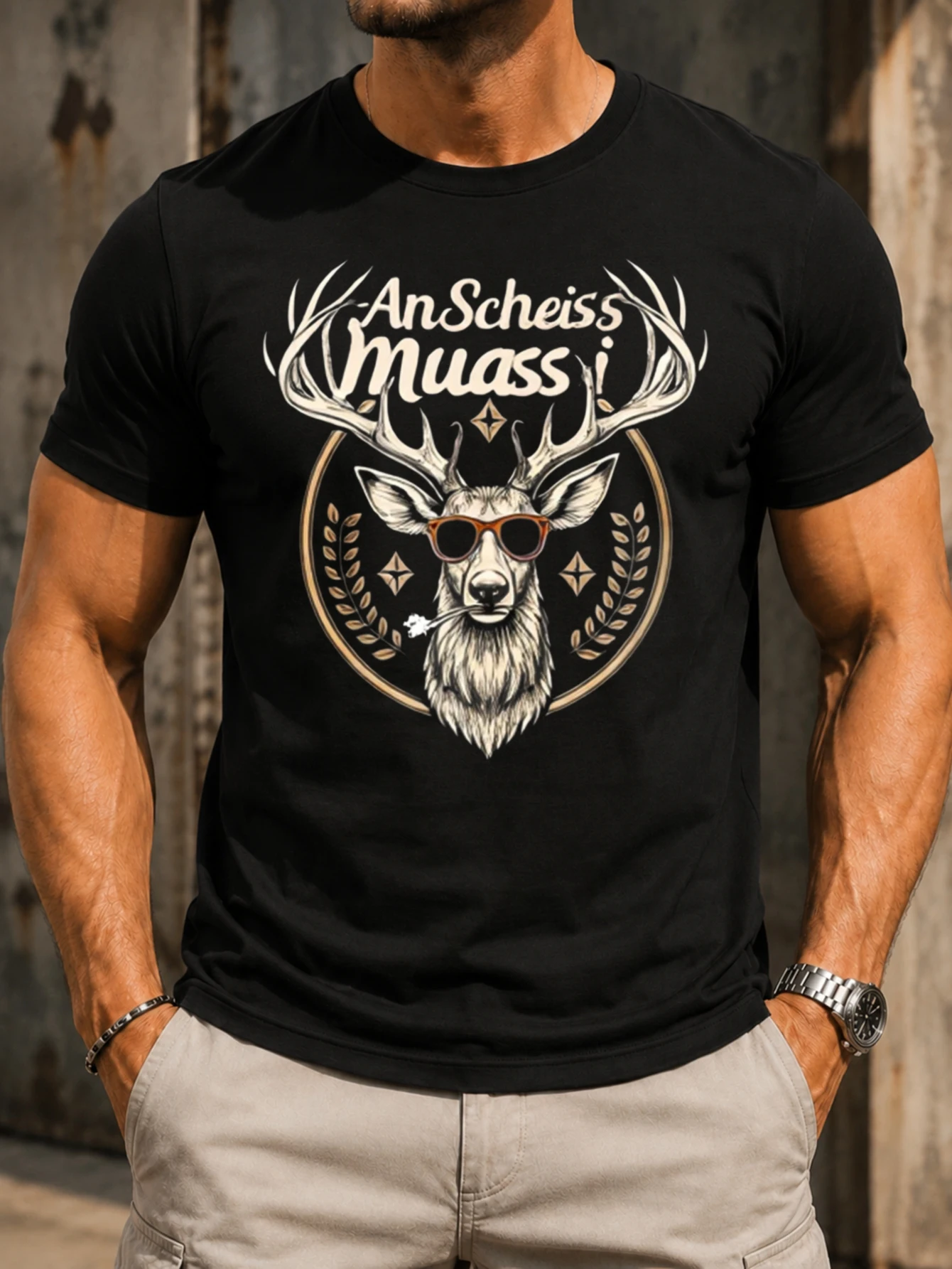 Bavarian rustic phrase with a stag holding a smoking twig graphic with vivid centered artwork and a  Unisex All T-Shirt